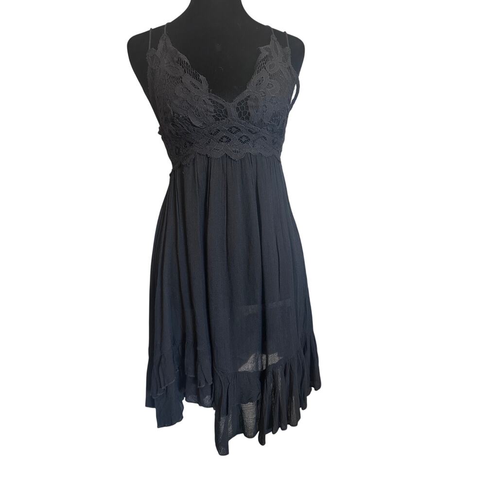 Free People Delia Slip Mini Dress Black Lace Smocked Boho Romantic Goth